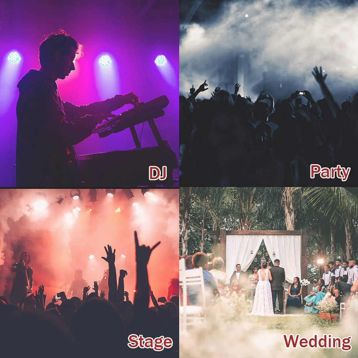 DJ, party, and stage scenes with visible fog effects from a smoke machine