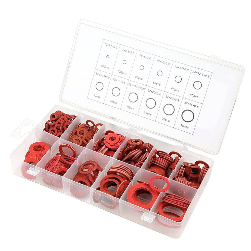 Red washer set in clear box with size chart and assorted red ring washers