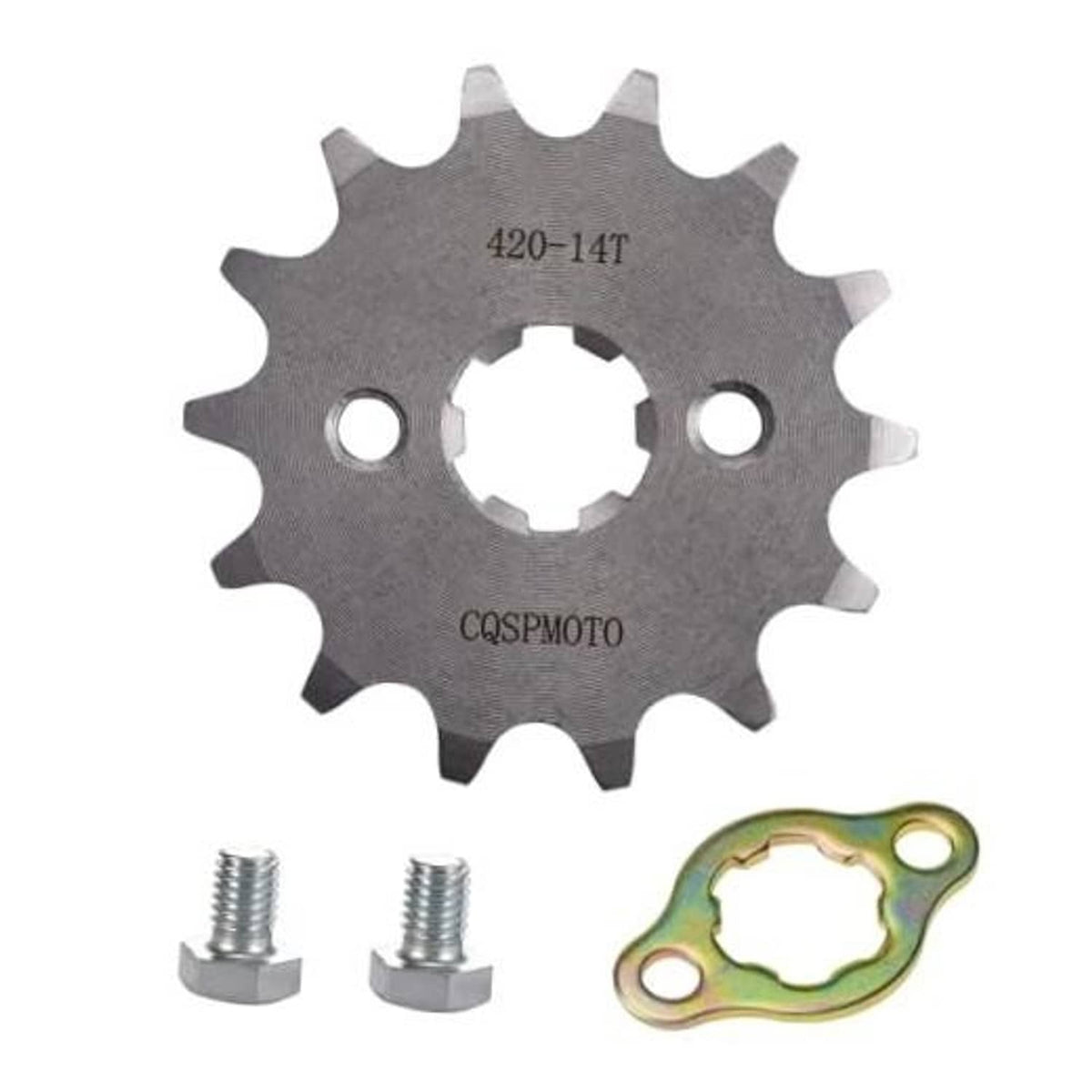420-14T front engine sprocket, gray steel with center hub and two mounting holes