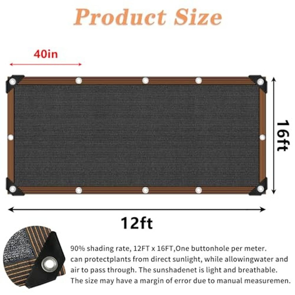 Black mesh shade cloth size diagram with brown border and metal grommets, 12x16 ft