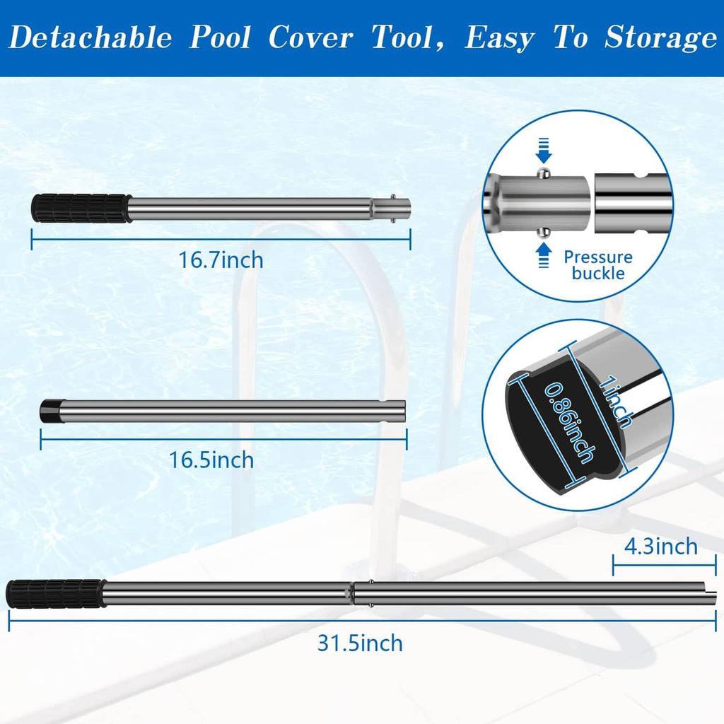 Pool cover tool rod with pressure buckle and spring-loaded anchor connector