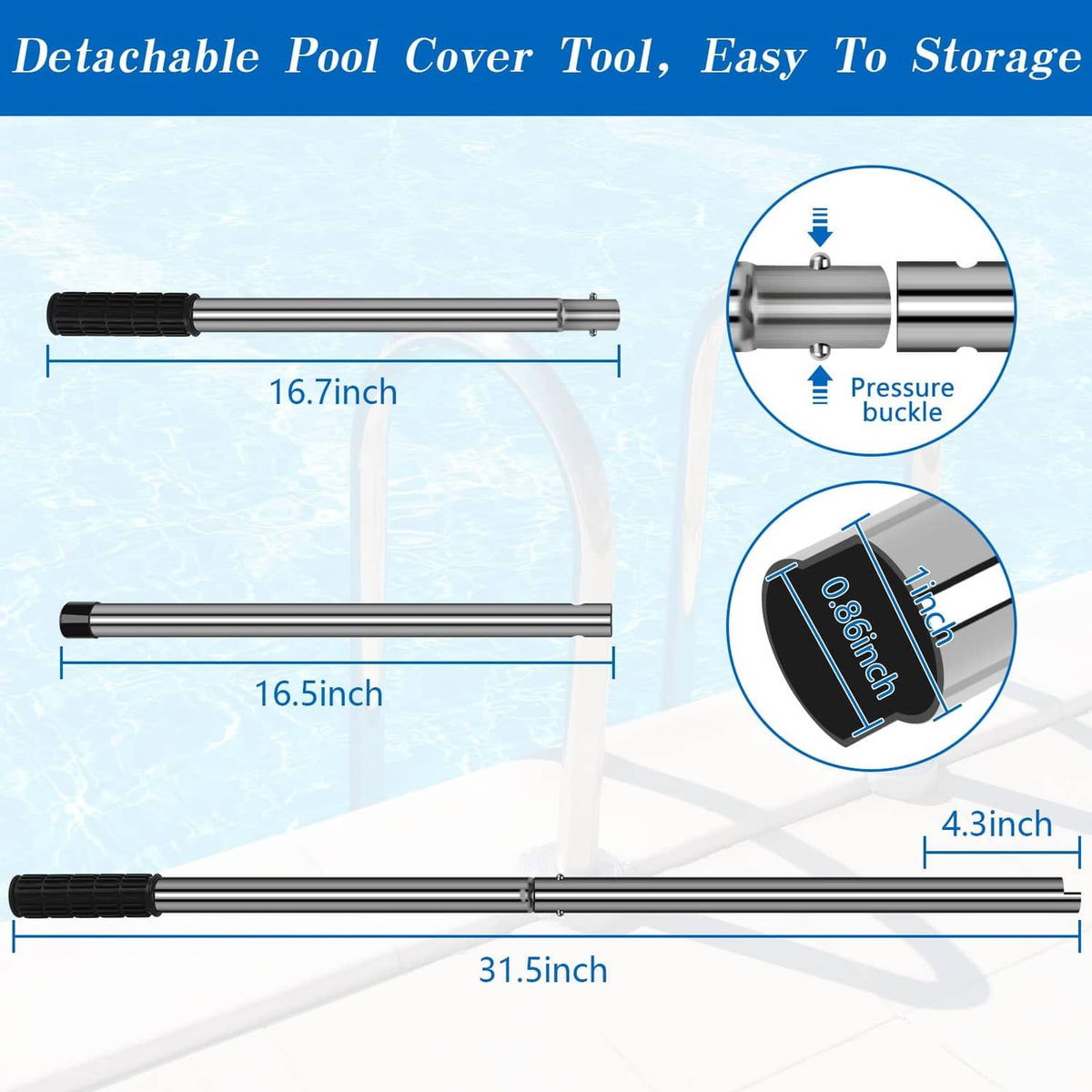 Pool cover tool rod with pressure buckle and spring-loaded anchor connector