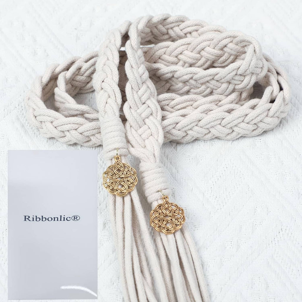 Ivory braided handfasting cord with gold charm tassels, Ribbonolic® label