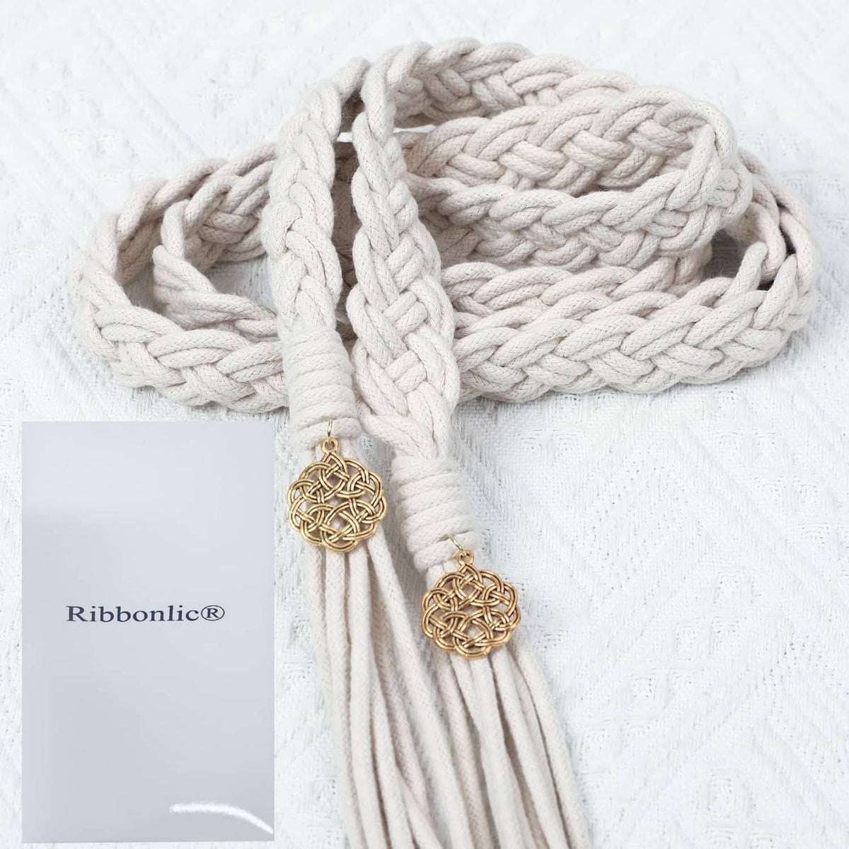 Ivory braided handfasting cord with gold charm tassels, Ribbonolic® label