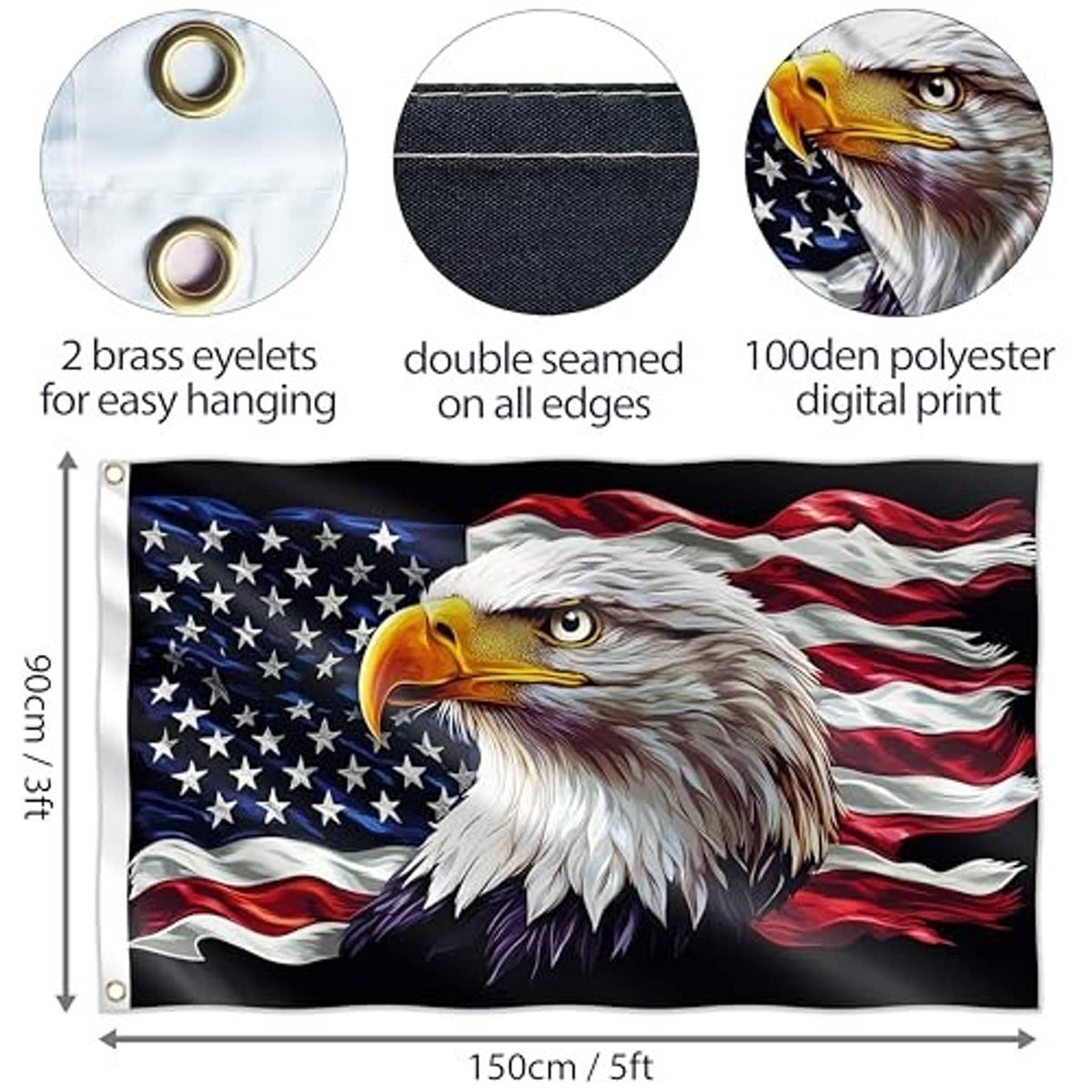 Patriotic eagle flag with brass grommets and double-stitched edges, digital print