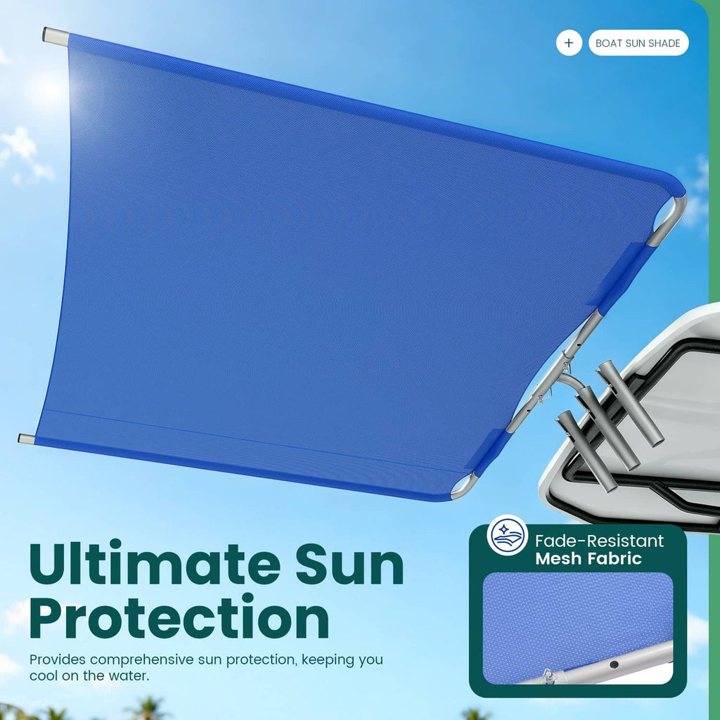 Blue boat sun shade canopy with mesh fabric and white support arms