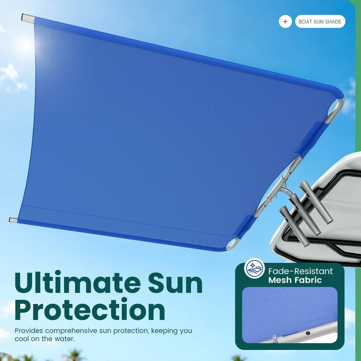 Blue boat sun shade canopy with mesh fabric and white support arms