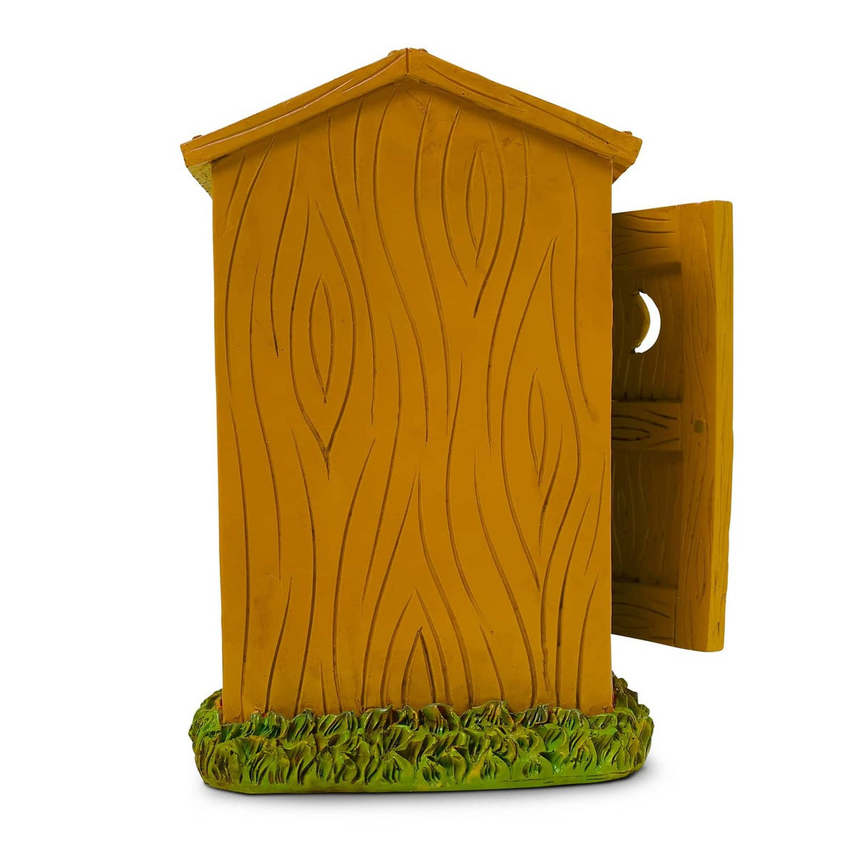 Garden toilet gnome outhouse statue, wooden shed side view on green base