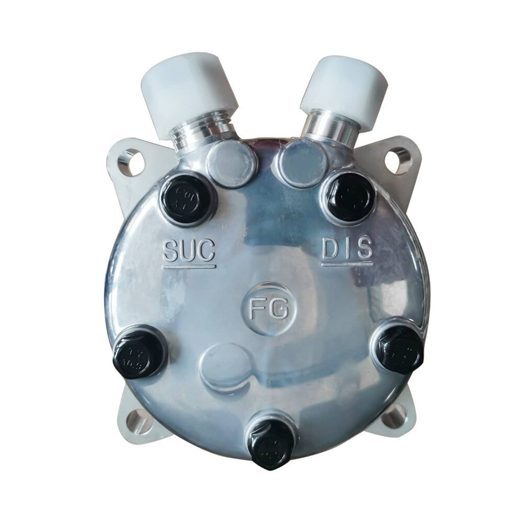 A/C compressor rear cover with Suc/Dis ports and four black connector terminals, chrome finish