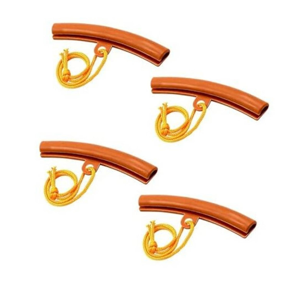 Four orange wheel rim protectors with yellow rope loops, thick padded guards