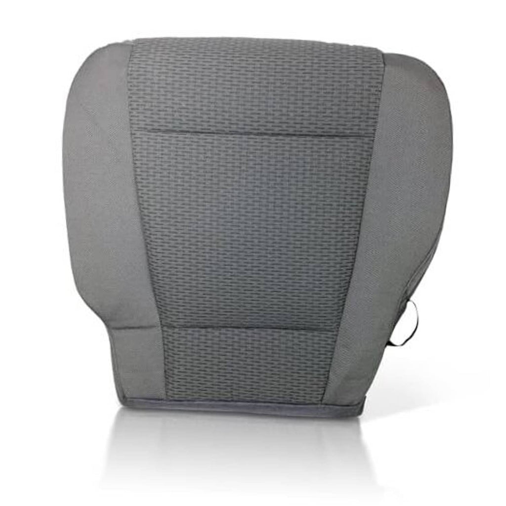 Gray woven fabric driver seat bottom cover with stitched center panel and side bolsters