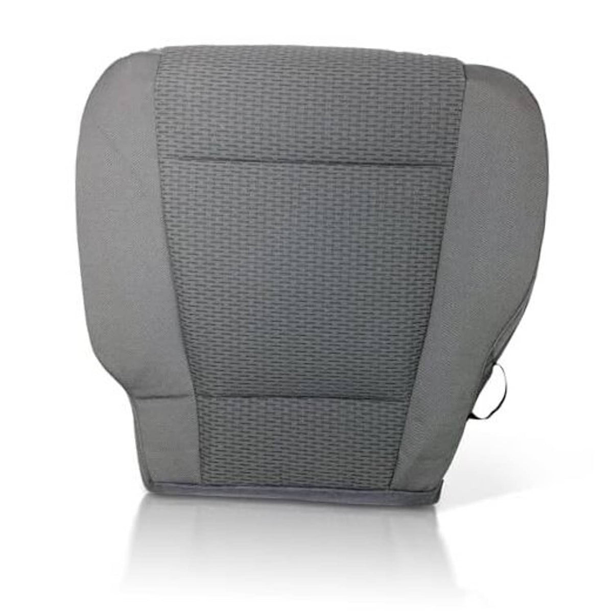 Gray woven fabric driver seat bottom cover with stitched center panel and side bolsters