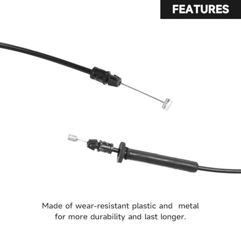 Close-up of black hood release cable with connector clamps and metal tips