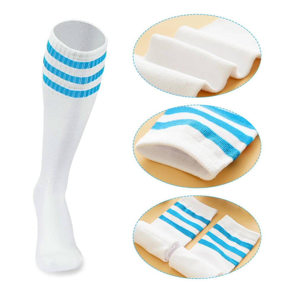 White socks with wide blue stripe band and folded matching blue sweatbands