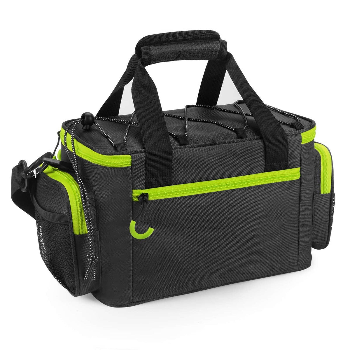 Black and neon green tackle bag with zip compartments and side carry handle