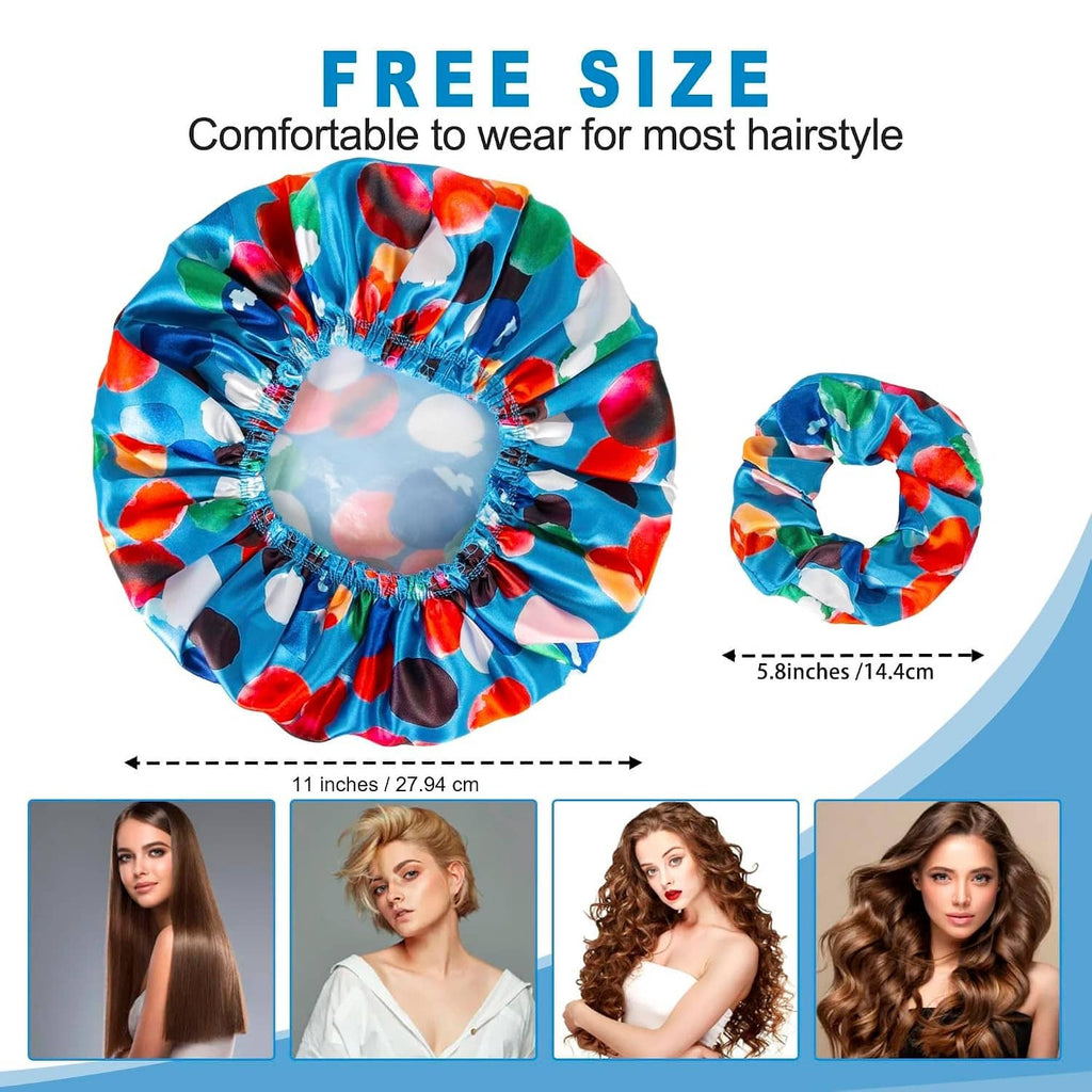 Waterproof satin shower cap with colorful abstract print; free-size fit for most hairstyles