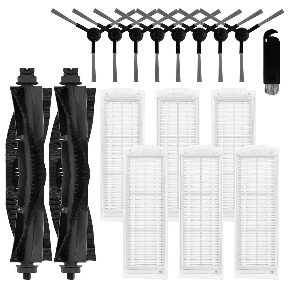 Robot vacuum replacement roller brush set with black bristles and spare filter cards