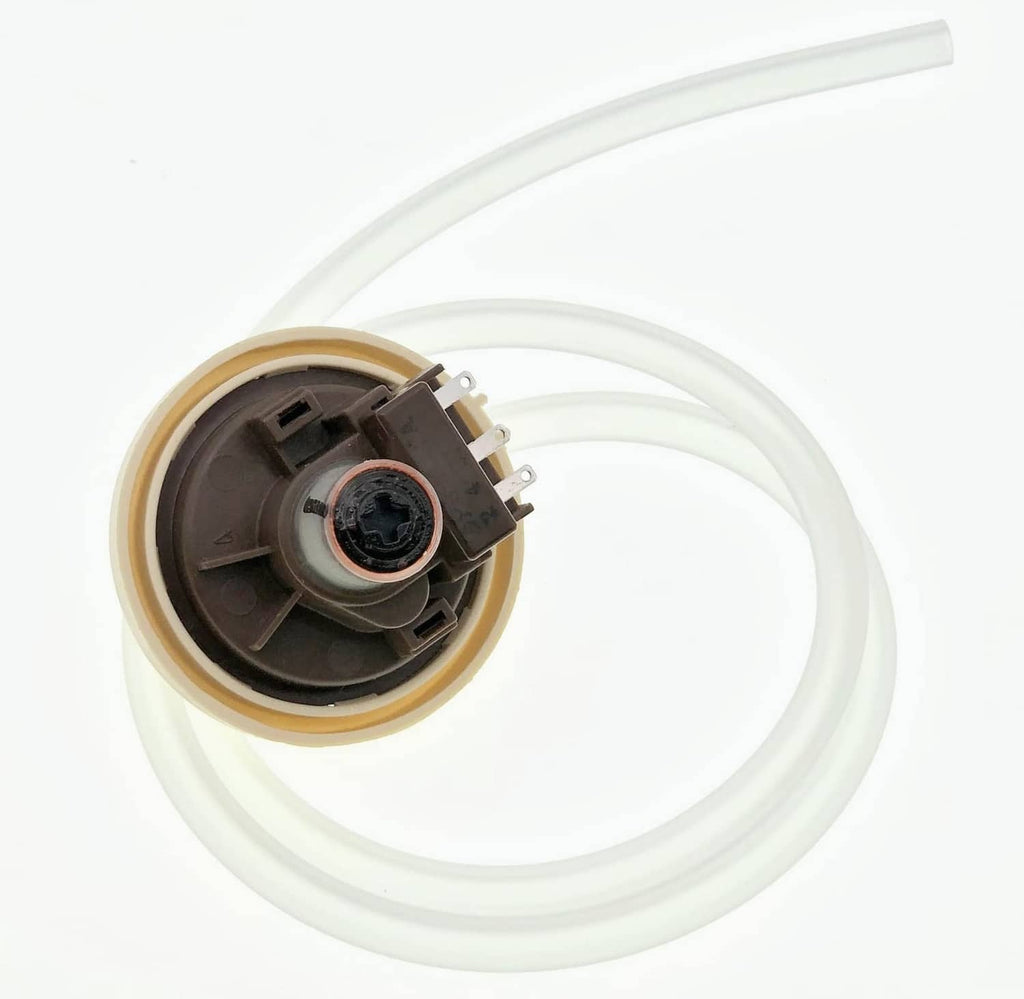 Washer pressure sensor assembly with circular port, wires, and exposed terminals