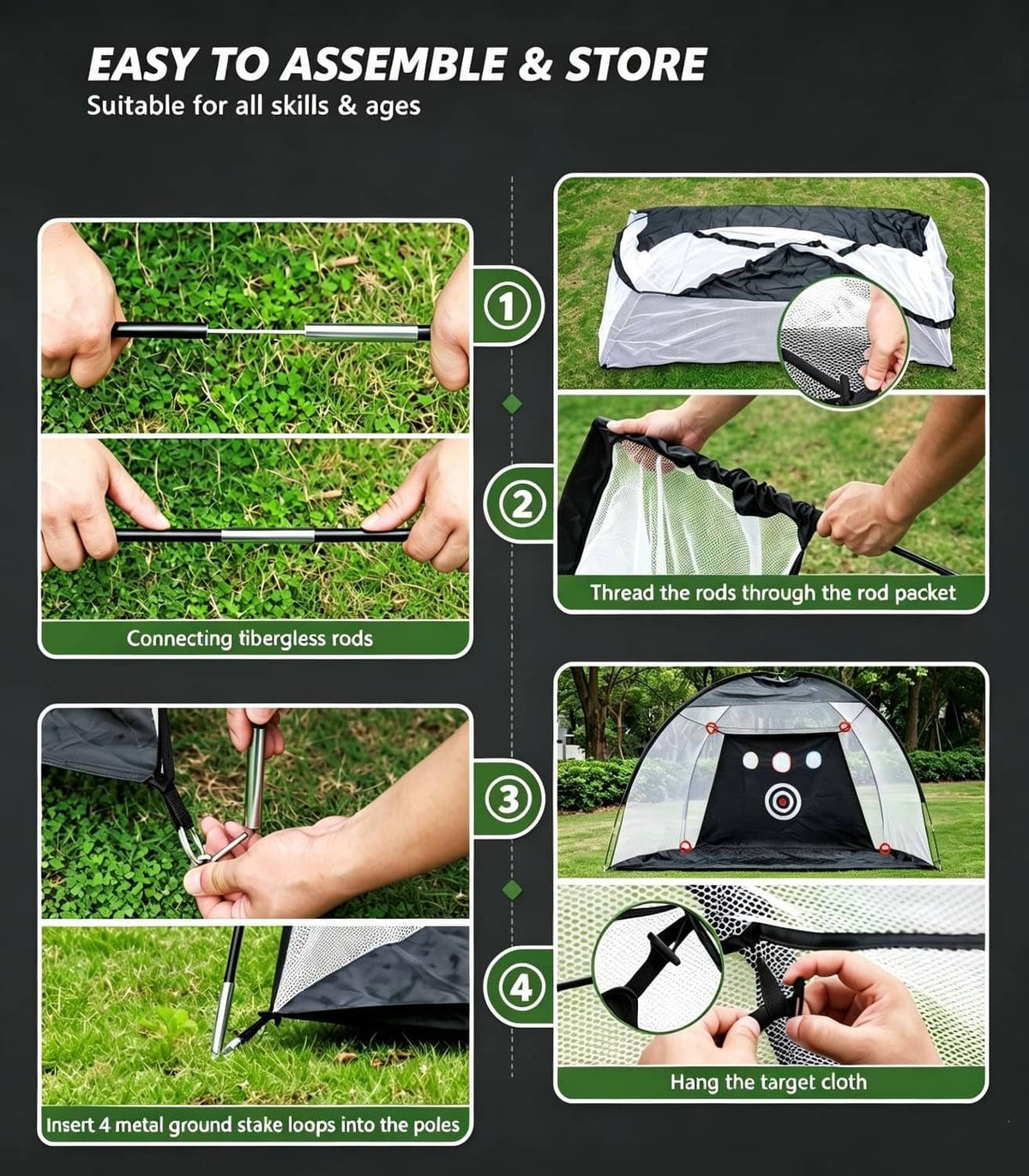 Golf practice net pole assembly and target cloth setup, black and white net