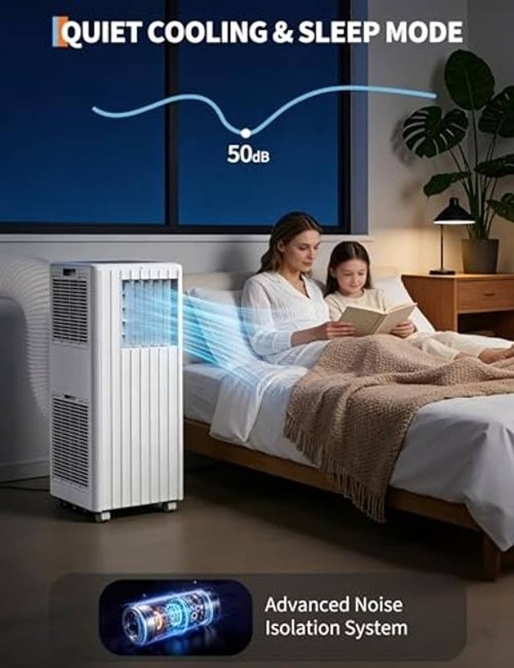 White portable air conditioner in bedroom with advanced noise isolation system indicator