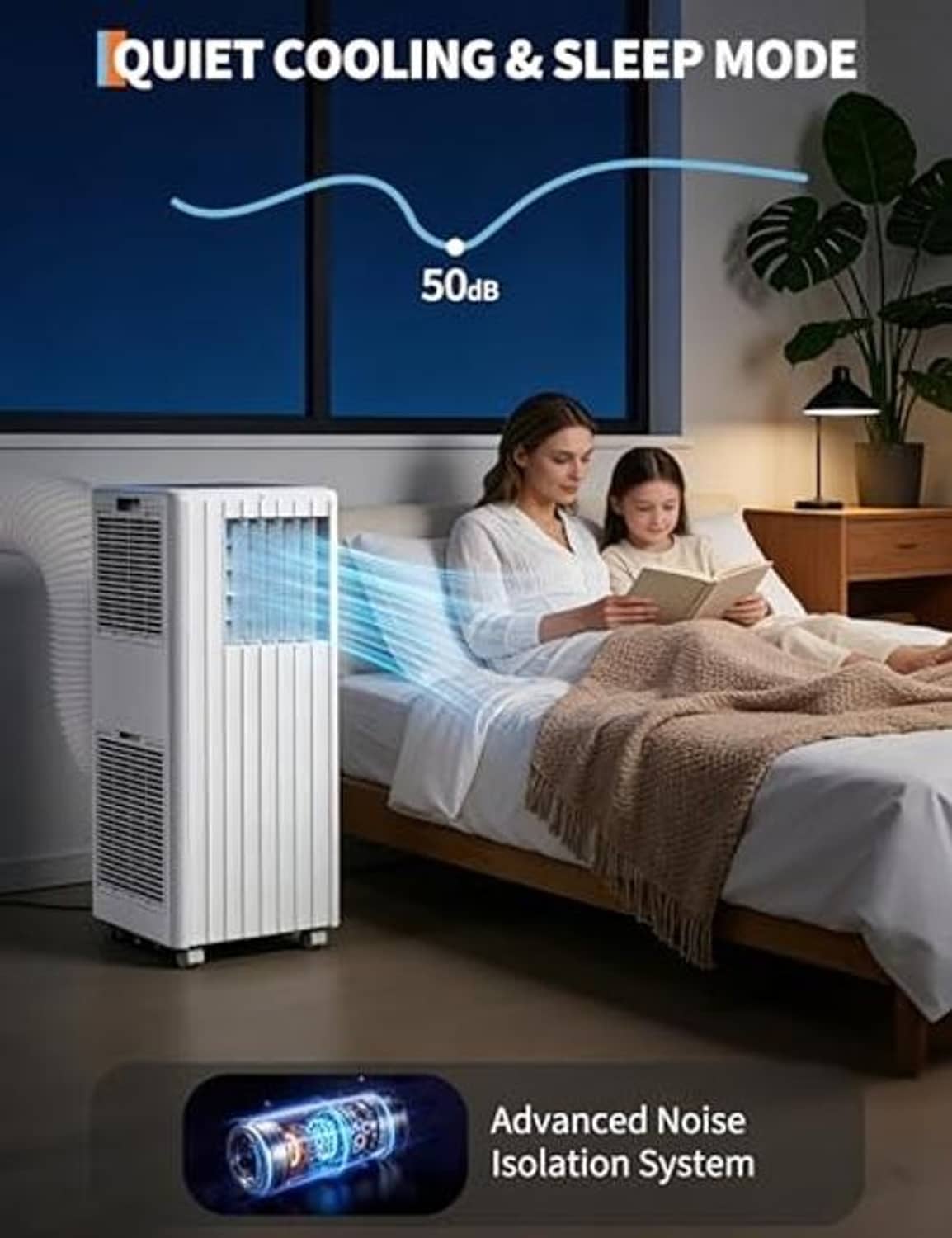 White portable air conditioner in bedroom with advanced noise isolation system indicator