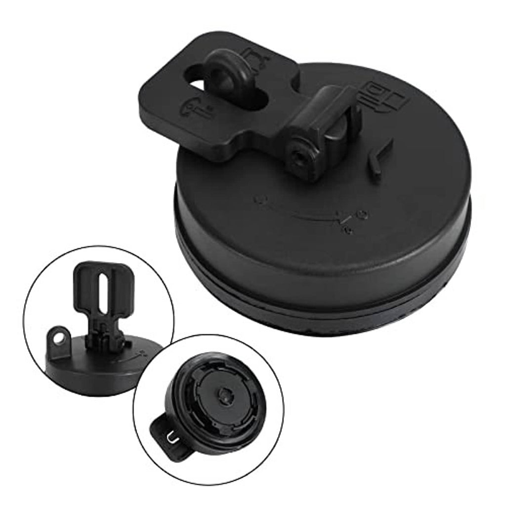 Black diesel fuel tank cap cover with circular underside and locating tabs
