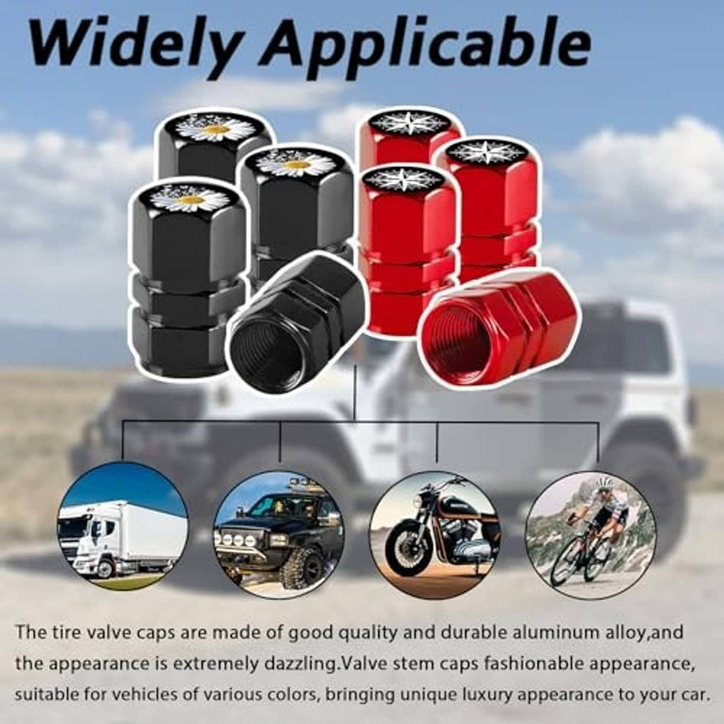 Set of red and black tire valve stem caps with star-pattern tops