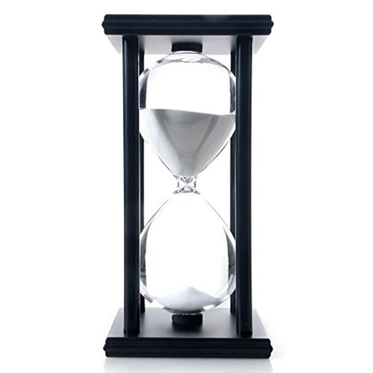 60-minute hourglass sand timer with dark frame and white sand mid-flow