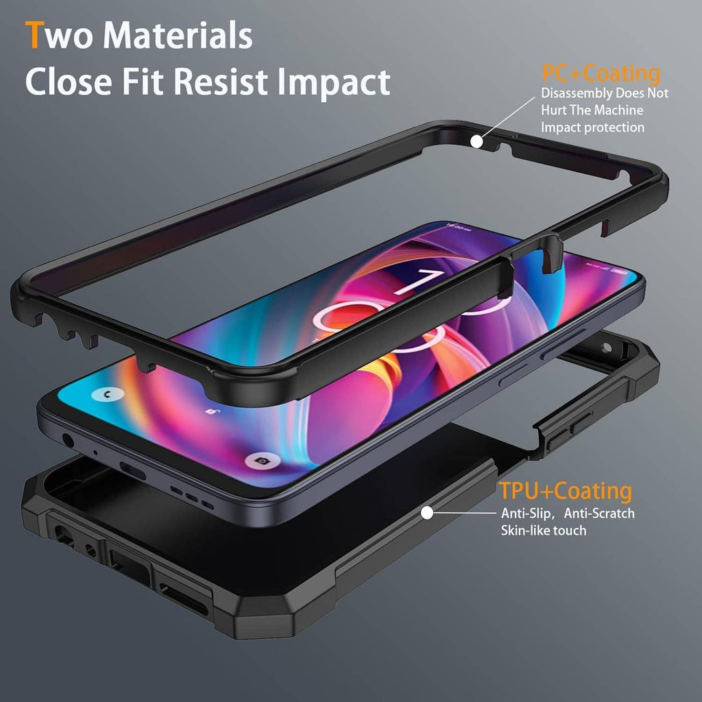 Black phone case with tempered glass screen cover and protective TPU shell edges