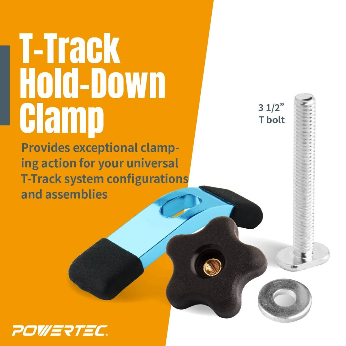 T-track hold-down clamp kit with blue bar, black knobs, bolt, and washer