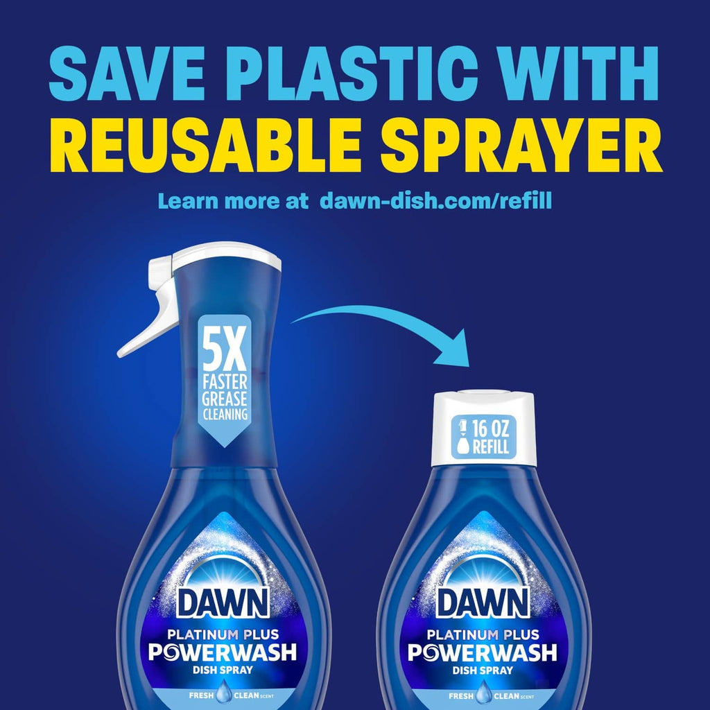 Dawn Platinum Plus Powerwash spray bottle with 5X label and refill container