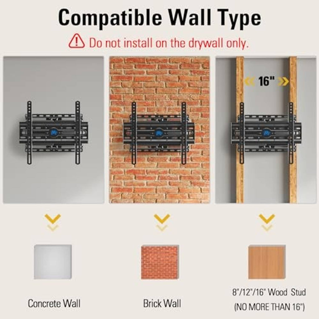 Black TV wall mount compatible with concrete, brick, and wood stud installation