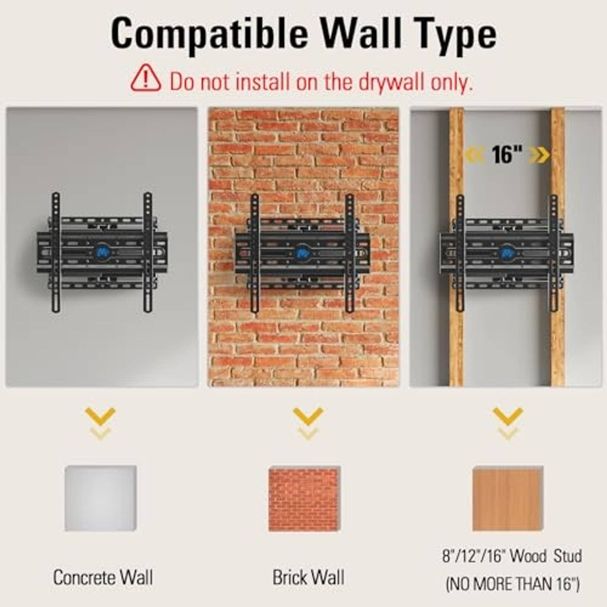 Black TV wall mount compatible with concrete, brick, and wood stud installation