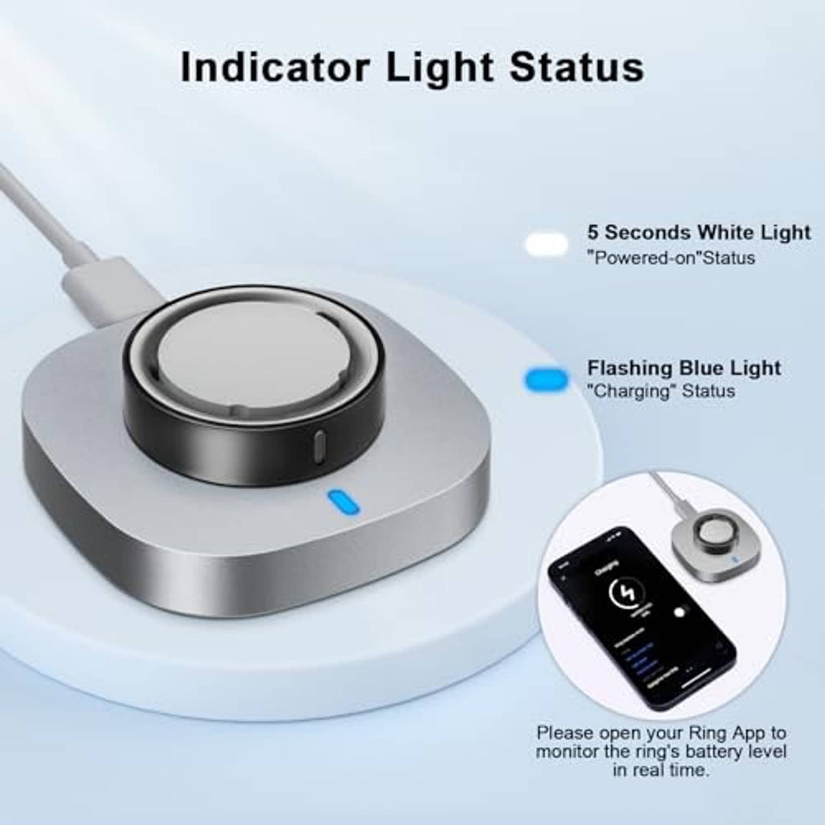 Gray charging dock with circular cradle and blue flashing status light, USB power cable
