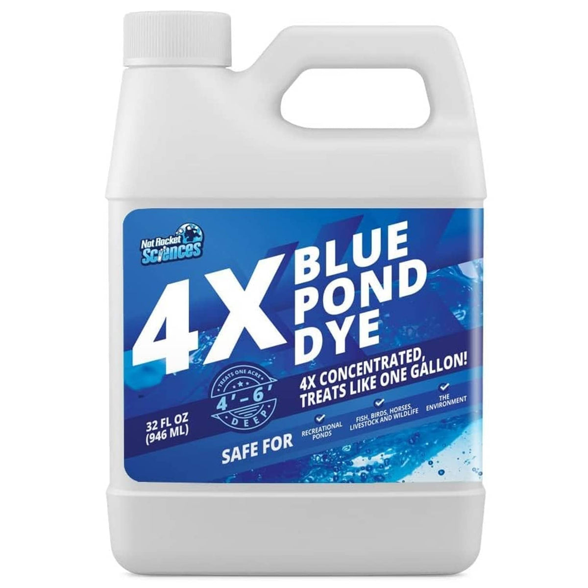Blue pond dye concentrate jug with handle and cap, front label facing up, 32 fl oz.