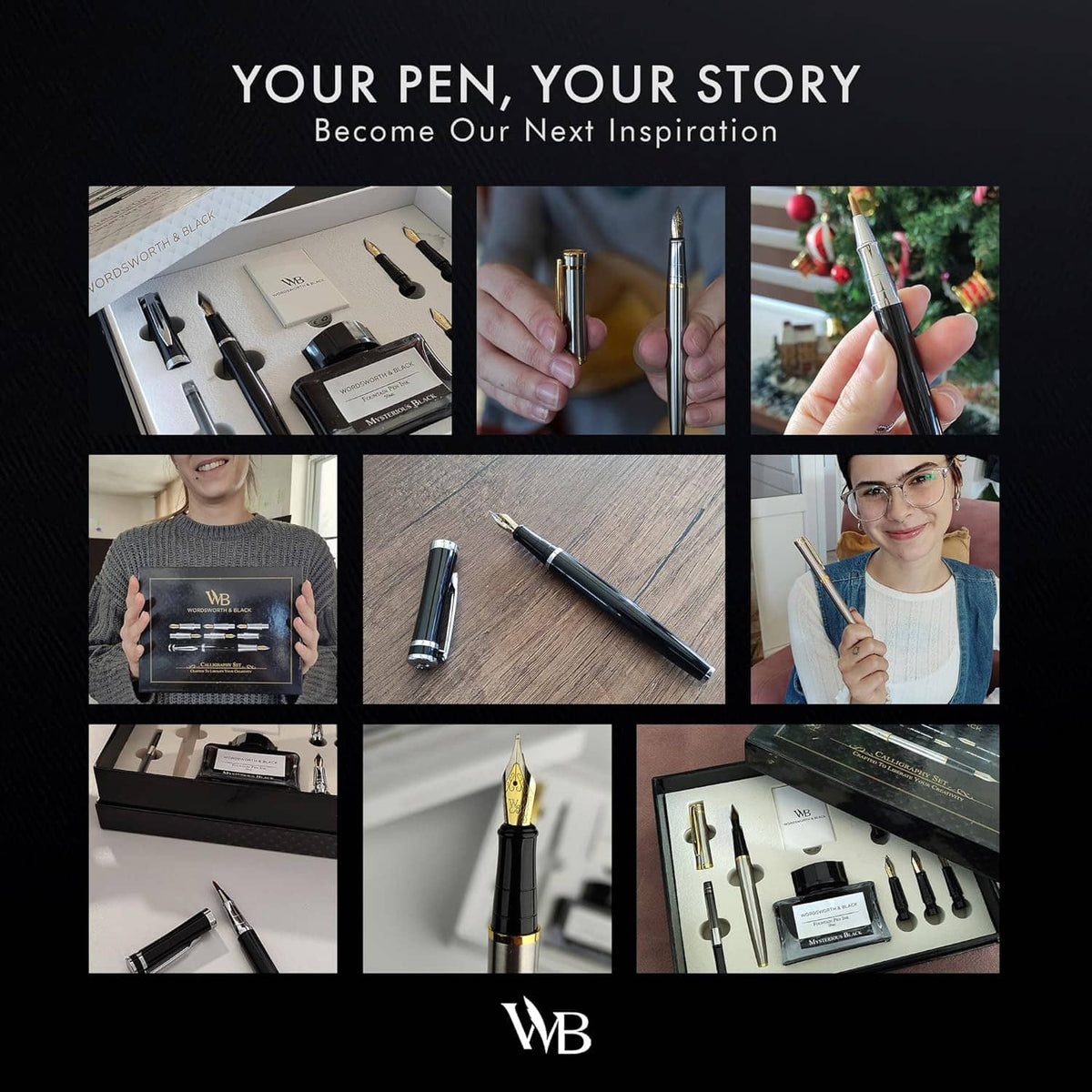 Calligraphy pen gift set shown in multiple views with pens and ink bottle