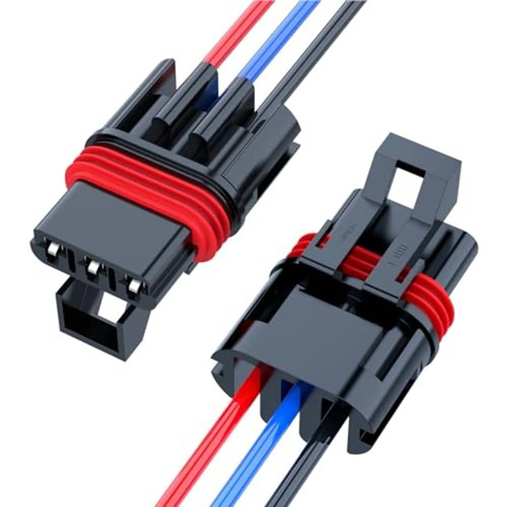Pulse power plug pigtail connector pair, black housings with red and blue wires