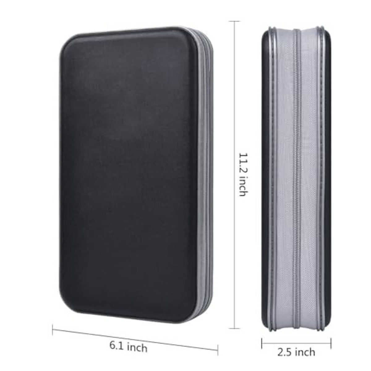 Black hard CD case with size indicators (6.1 in x 2.5 in) and zipper edge.
