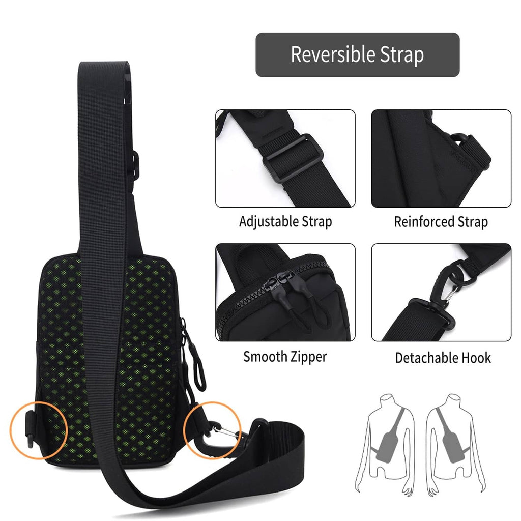 Black crossbody bag with smooth zipper, reinforced strap, and detachable hook