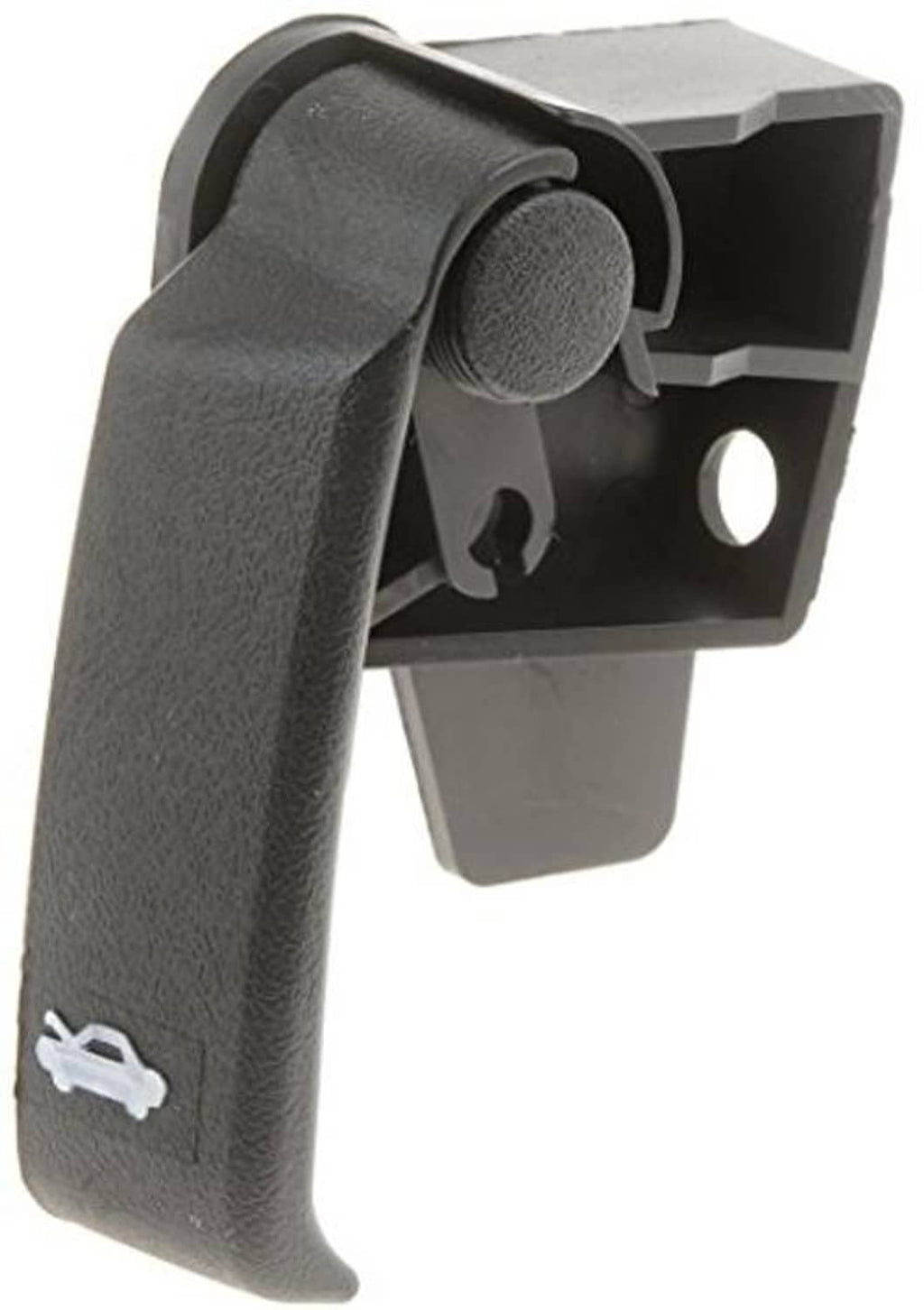 Black hood release handle with textured grip and bracket hole