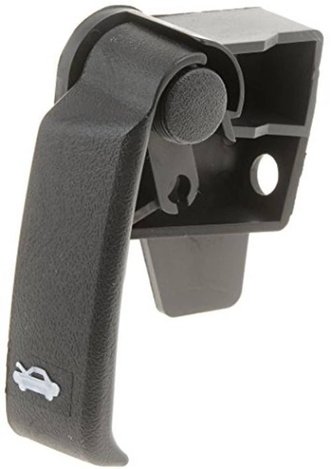 Black hood release handle with textured grip and bracket hole