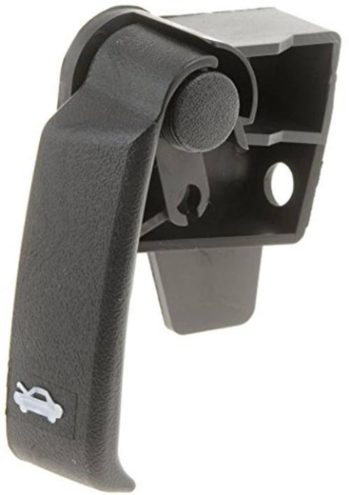 Black hood release handle with textured grip and bracket hole