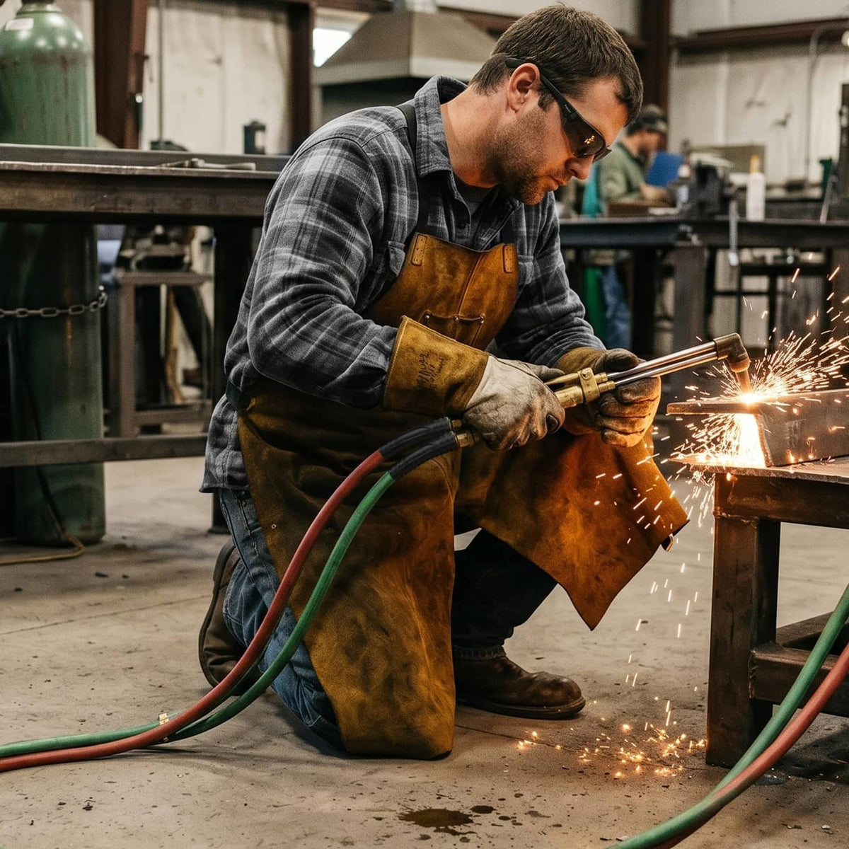 Twin welding hose with red and green lines and brass fittings connected for welding