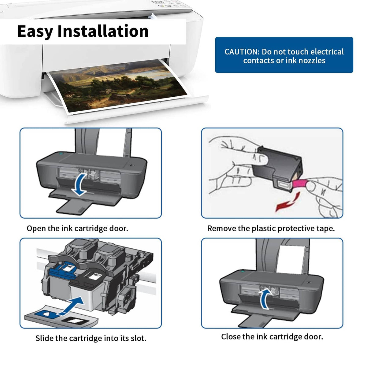 Ink cartridge replacement with easy installation steps for inserting cartridges into printer