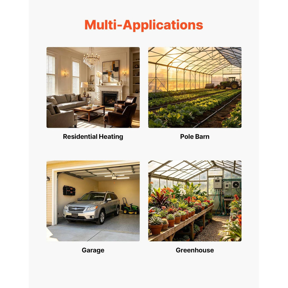 Water-to-air heat exchanger coil shown across residential and greenhouse heating uses