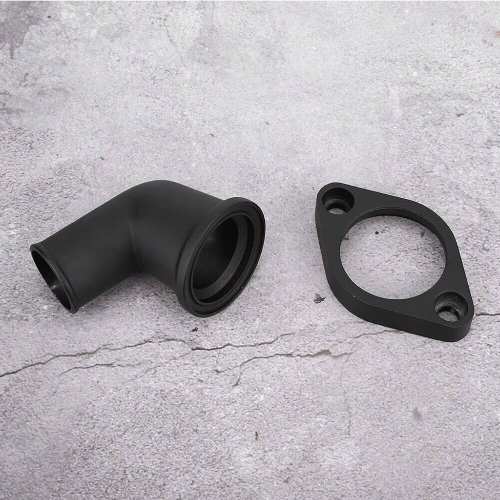 Black thermostat neck elbow and mounting plate with circular gasket opening