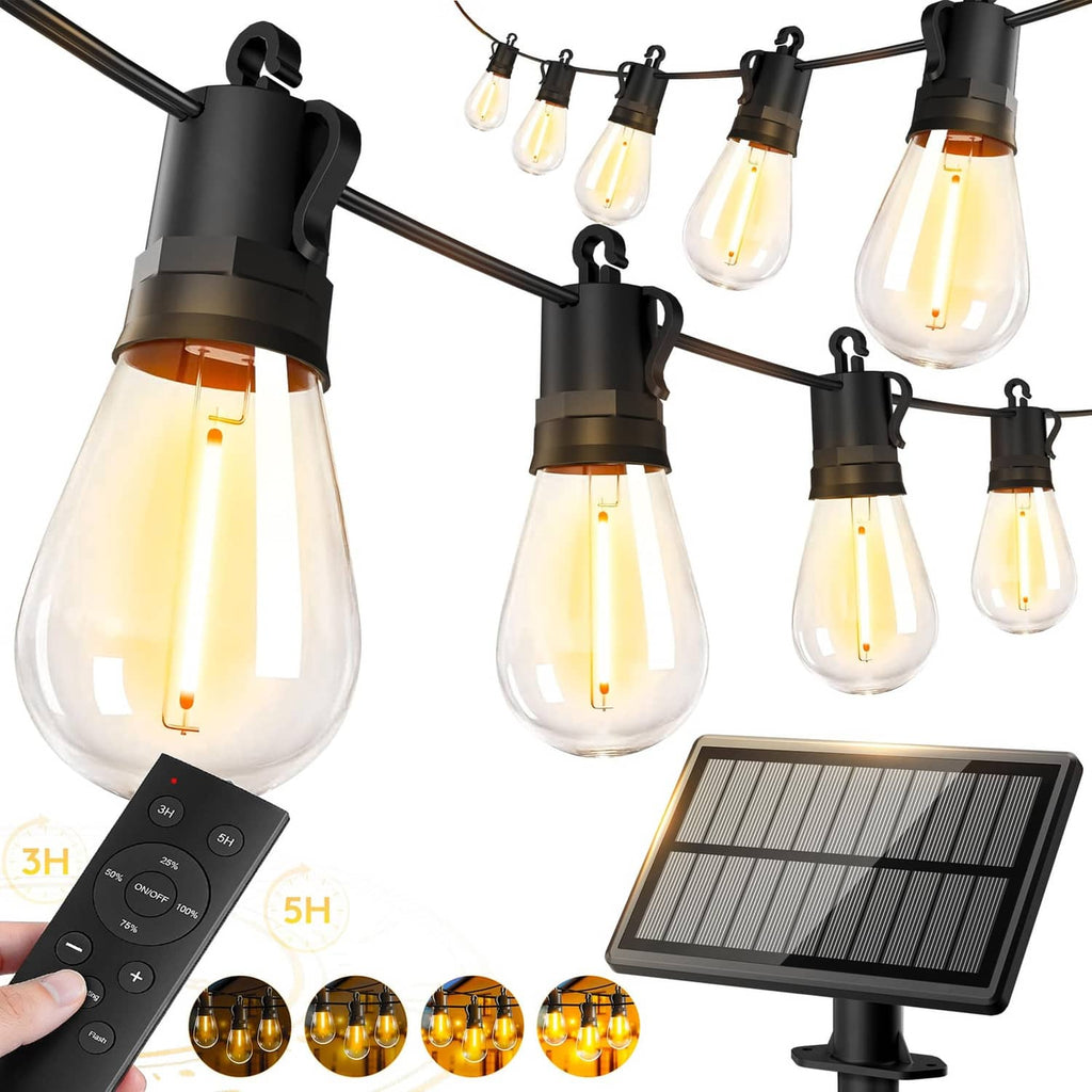 Solar string lights with black sockets and clear teardrop LED bulbs, 50 ft