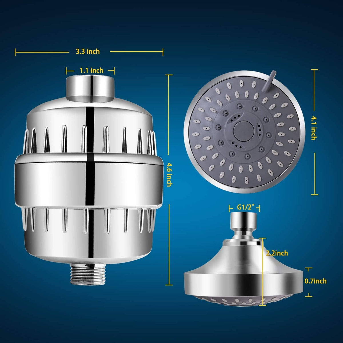 Chrome filtered shower head with spray face and included size measurements