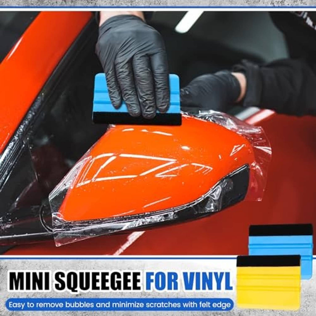Blue mini squeegee with felt edge and black rubber blade for vinyl on a car surface
