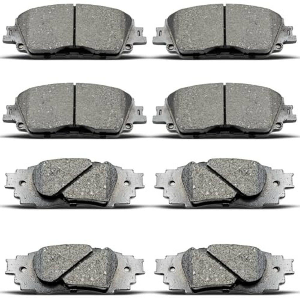 Ceramic disc brake pad set showing four gray pads with metal clips and backing plates